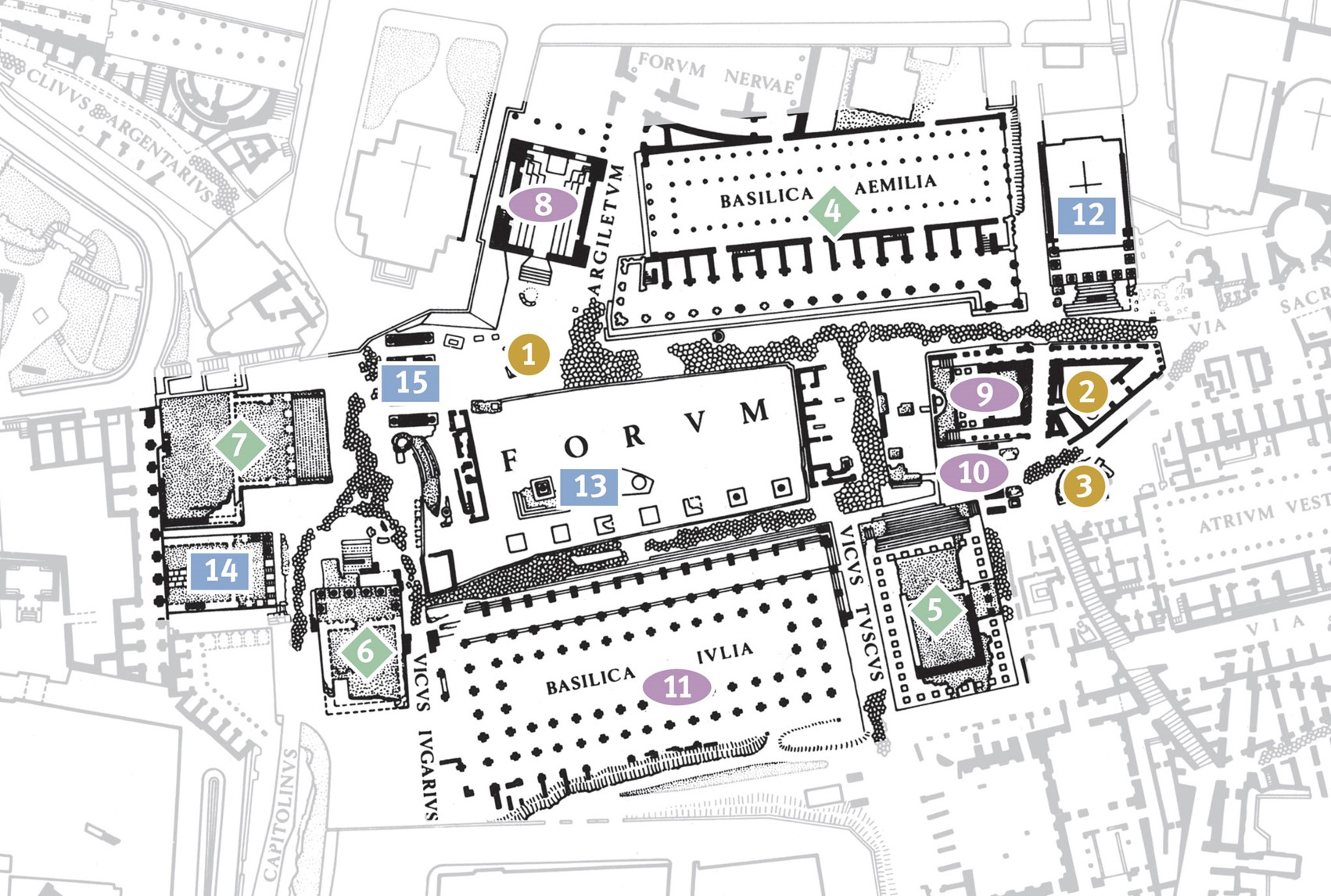 Map showing the sites in and around the Forum of ancient Rome:  those sites in gold date to the Regal period (drawing by Joel Katz).